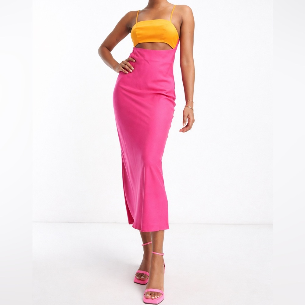 Satin colorblock midaxi dress with cut out in pink and orange